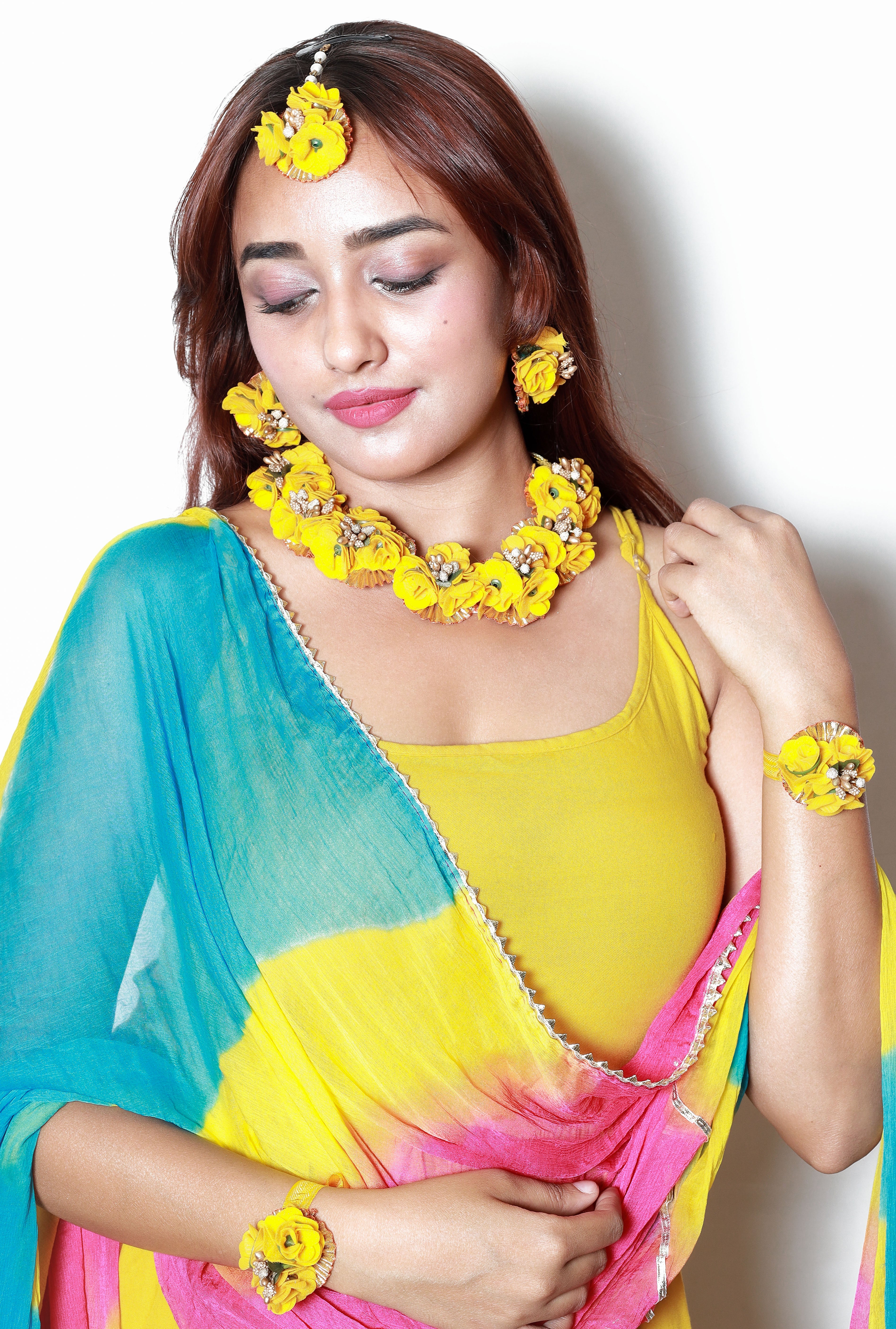 Flowers Jewellery Set For Haldi Gota Patti Necklace, Earrings, Bracelet & Maang Tika for Women & Girls (Mehandi/Haldi/Wedding/Bridal/Baby Shower)